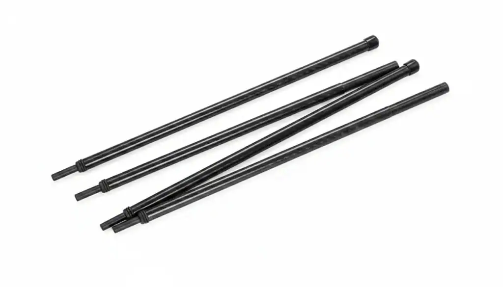 Three black trekking poles laid out, designed for outdoor trekking and camping