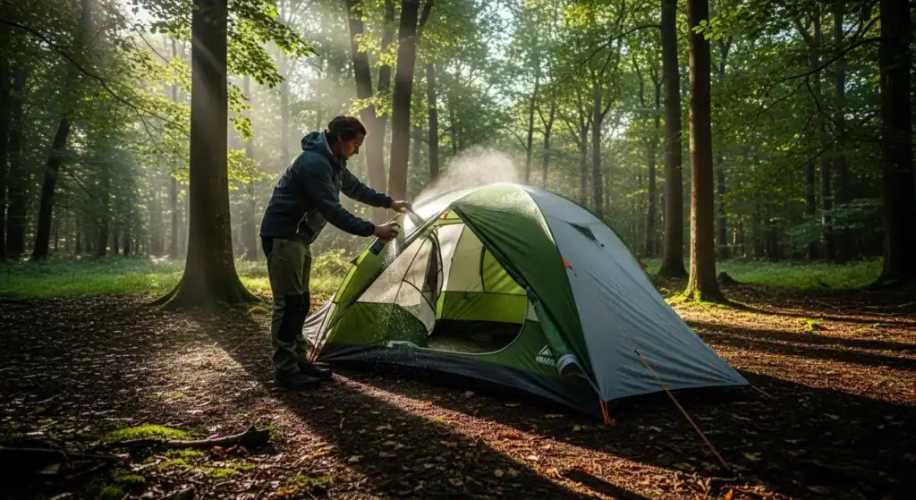 Person setting up a green camping tent in a lush forest during daytime.