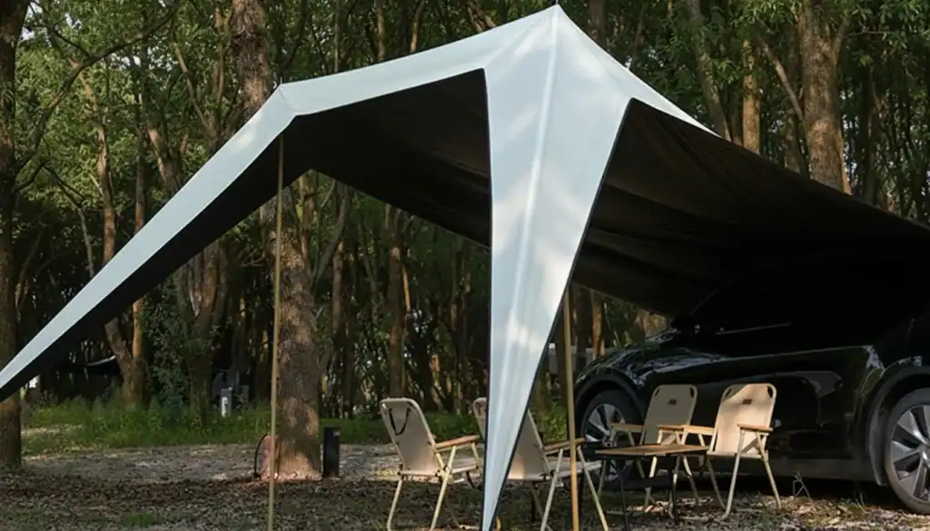 Camping tent in the woods with outdoor seating and vehicle for outdoor adventures.