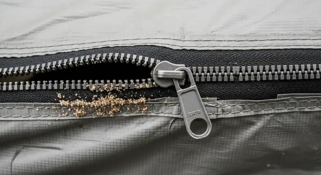 Close-up of a camping tent zipper with sand particles along the edges and teeth, showing a well-used outdoor gear zipper.