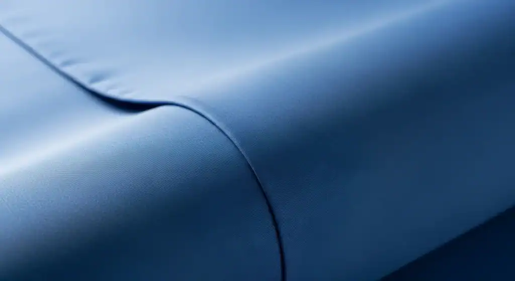 دليل إصلاح الخيام القابلة للنفخ: إصلاح التسريبات والصمامات 3 منظر عن قرب لنسيج أزرق ناعم مع تجاعيد مرئية وتفاصيل نسيج واضحة