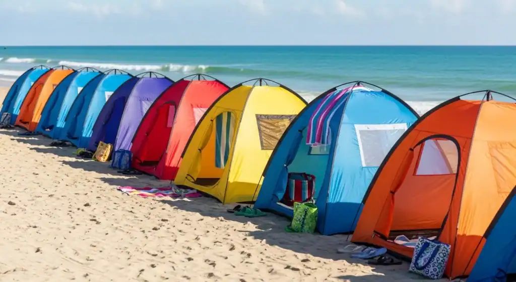 Colorful beach tents set up on sandy shore at Kelyland Outdoors.