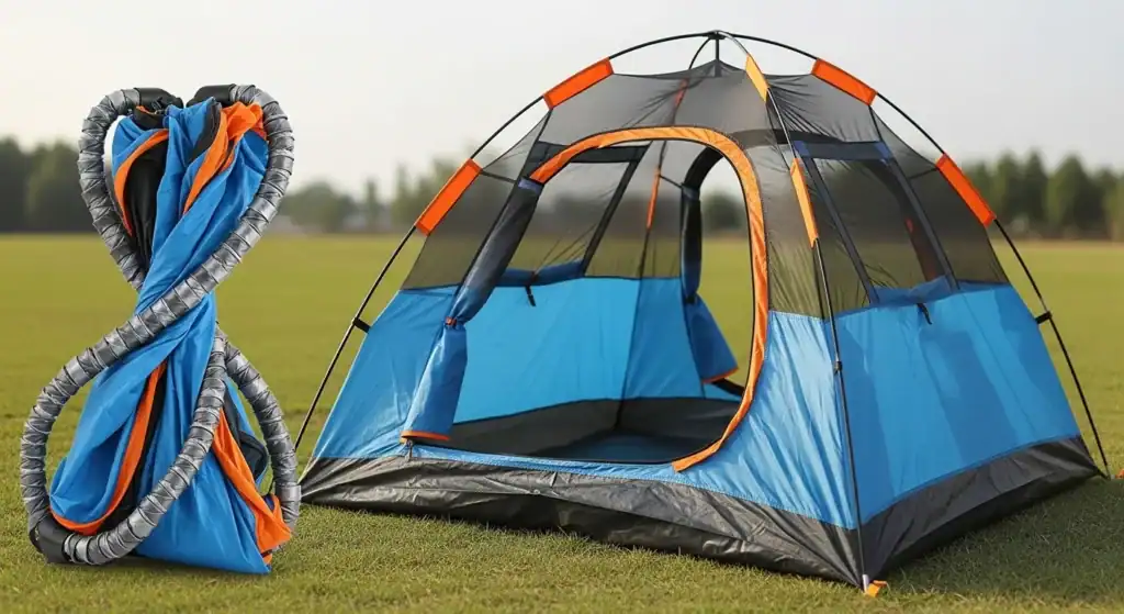 Blue and orange pop-up camping tent with collapsible poles, set up on a grassy field.