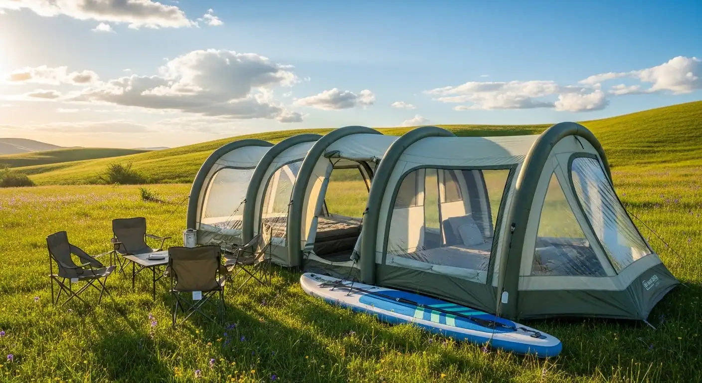 Custom Inflatable Tents TPU Blends Quality Control Guide 1 Outdoor camping tents with a scenic grassy landscape background.