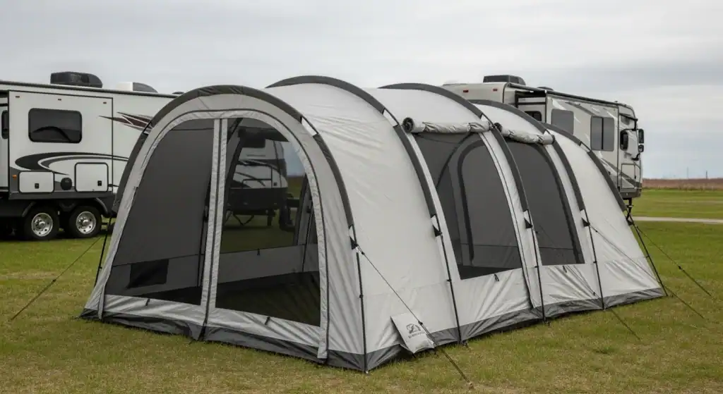 Spacious outdoor camping tent set up on grass with RVs in the background.