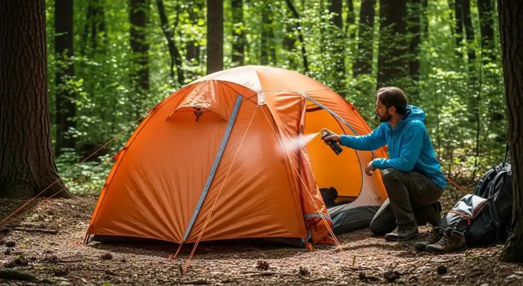 Man setting up an orange tent in lush green forest during daytime.