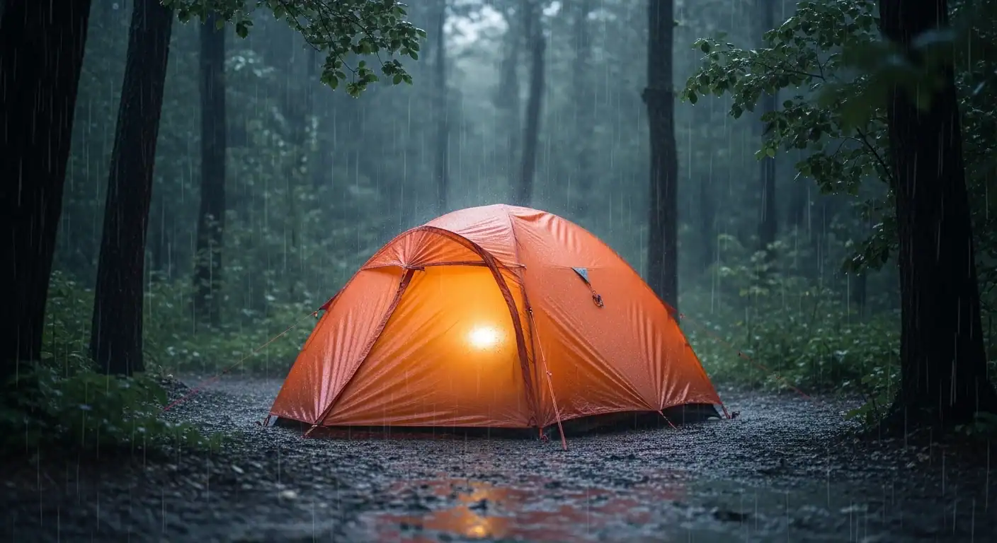 Orange camping tent set up in a misty forest during nighttime.