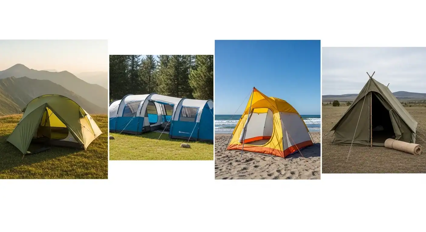 Versatile camping tents for outdoor adventures, set in scenic natural environments including mountai.