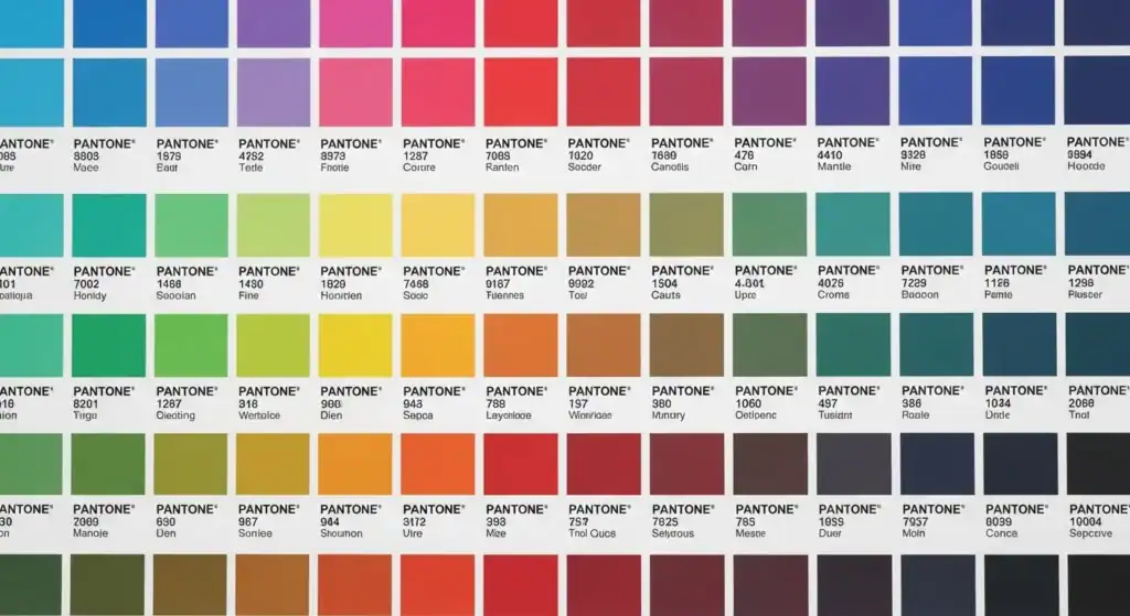 A detailed Pantone color chart displaying a range of color swatches with corresponding Pantone codes for easy reference.