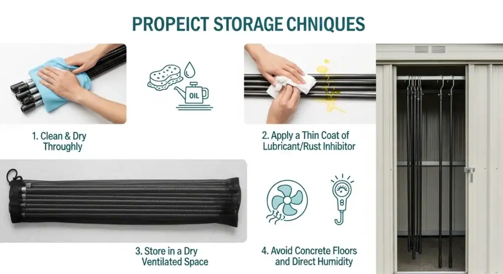 Step-by-step guide for storing camping gear with clear instructions on cleaning, applying lubricant, storing in ventilated space, and avoiding humidity.