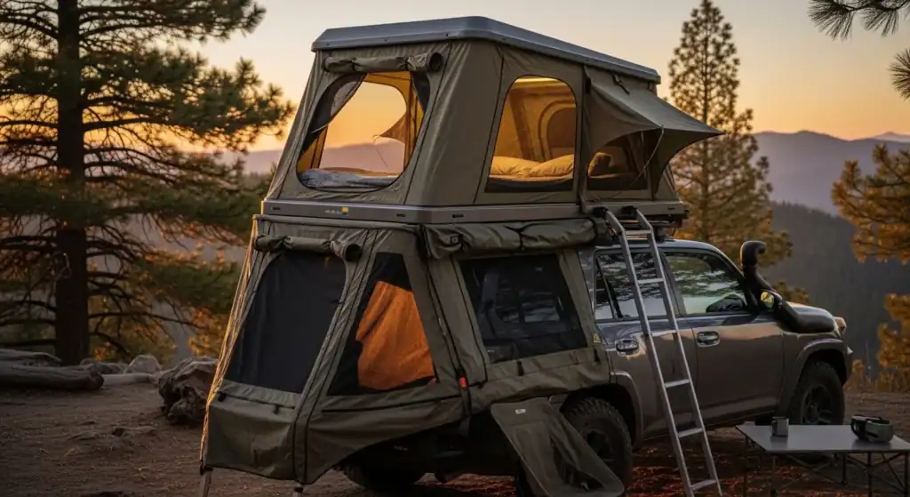 Rooftop tent setup on a vehicle with a ladder, in a scenic outdoor setting with trees and mountains at sunset