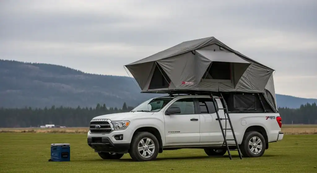 White pickup truck with rooftop tent on grassy field, outdoor camping gear.