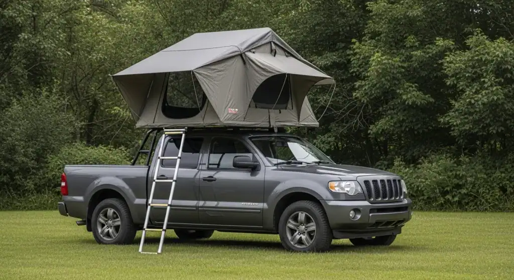 A gray truck with a rooftop tent set up for camping, with a ladder leaning against the truck.