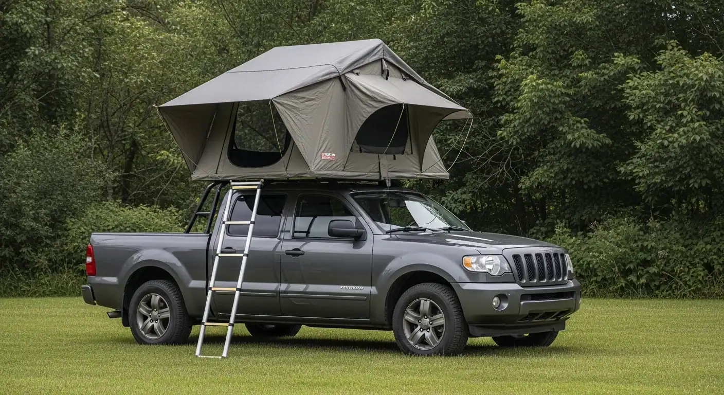 Tenda portátil para caminhão montada em uma picape preta em um cenário verde ao ar livre.