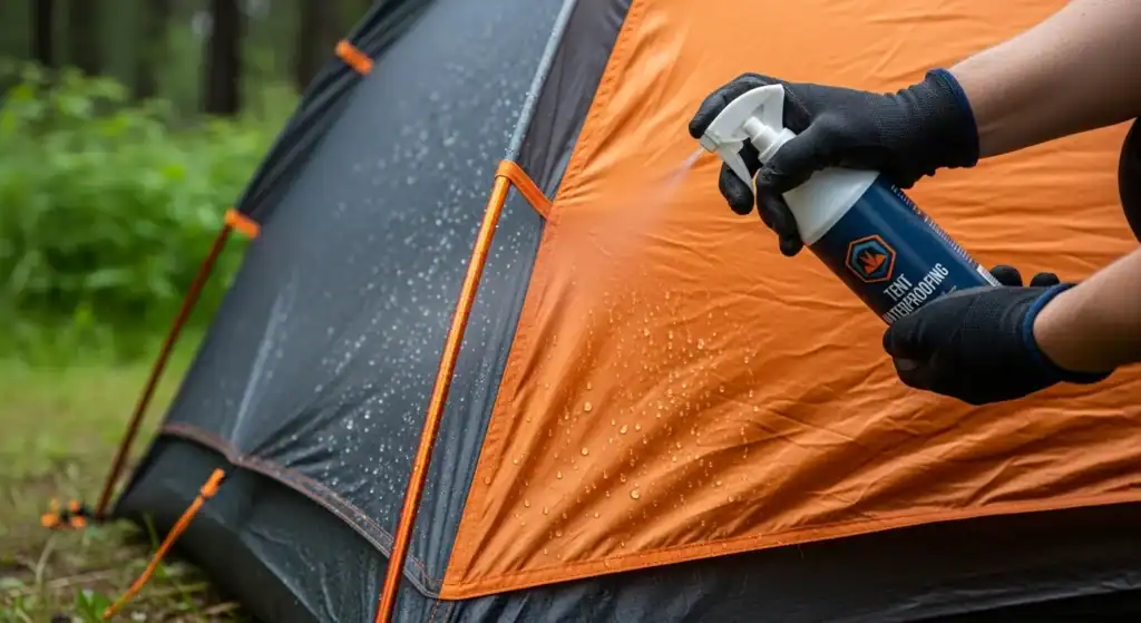 Person applying waterproof spray to tent in outdoor camping setting.