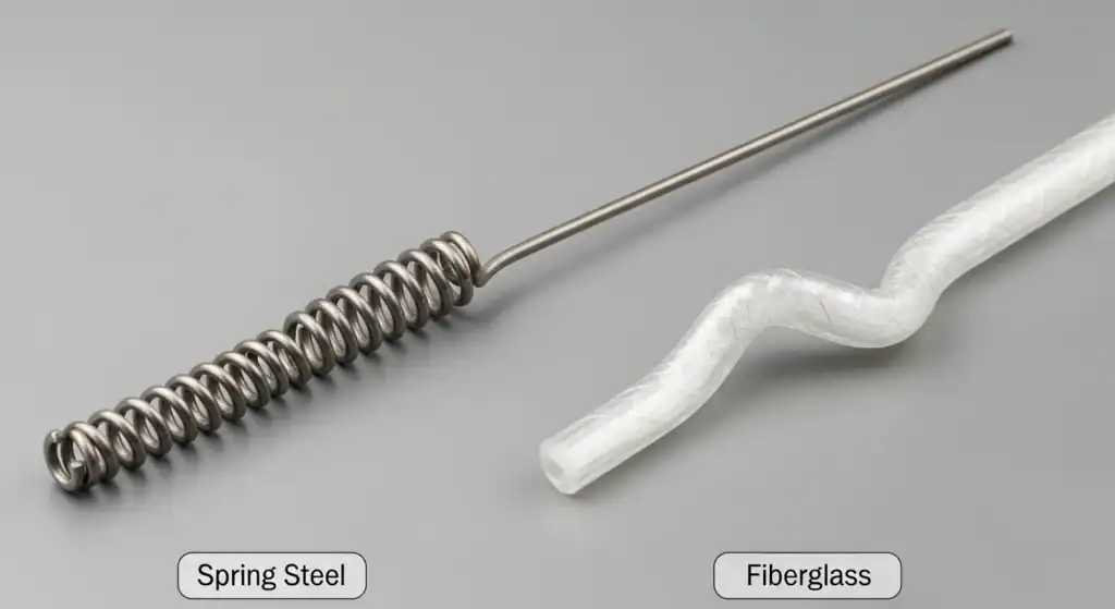 Side-by-side comparison of spring steel (coil) and fiberglass (straight) camping tent poles.