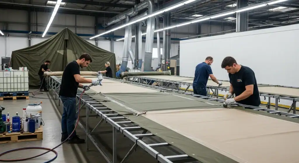 Down vs Synthetic Fill: Avoid a $50K Inventory Mistake 6 Workers assembling outdoor fabric products in a factory setting.