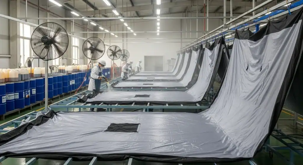 Industrial manufacturing of outdoor fabric products at Kelyland Outdoors.