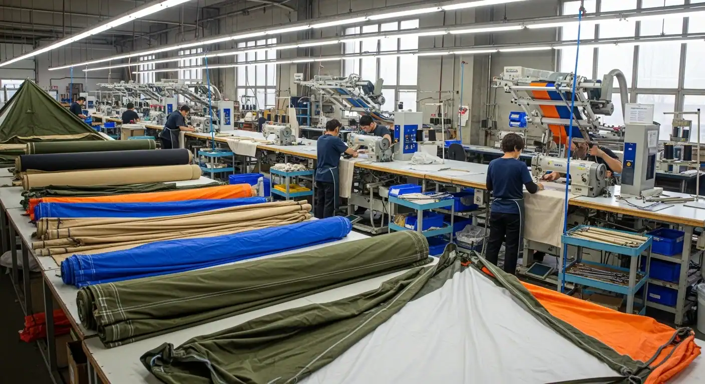 Factory workers assembling outdoor tents in a spacious manufacturing facility.