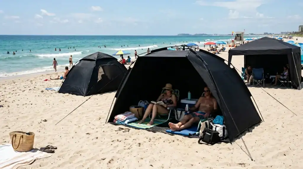 Outdoor beach camping scene with tents, lounge chairs, and people relaxing on the sandy shore.