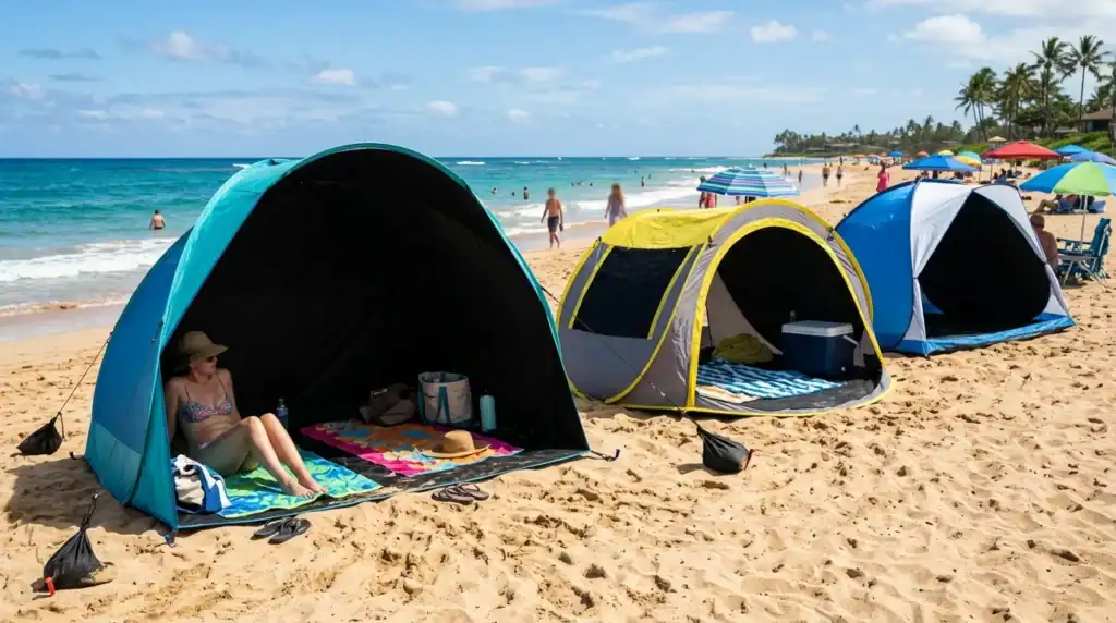 Barracas de praia na areia com pessoas aproveitando o dia ensolarado.