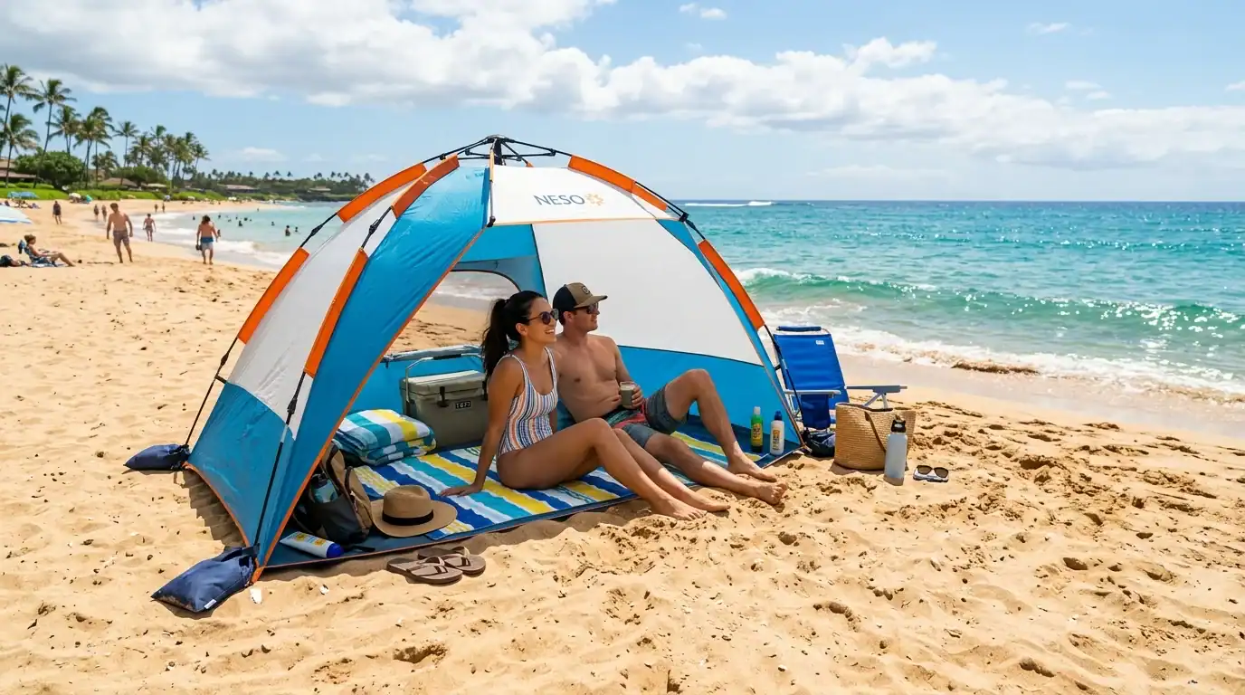 Custom Inflatable Tent Branding: Print Methods vs. Durability 1 Relaxing beach scene with a family under a tent on sandy shore, ocean waves, and palm trees in the b.