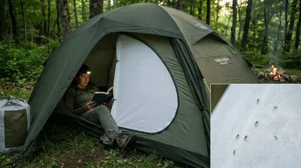 Green camping tent set up in a forest, person relaxing inside with a book.