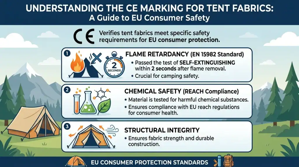 Infographic on tent fabric safety, flame retardancy, chemical safety, and structural integrity.