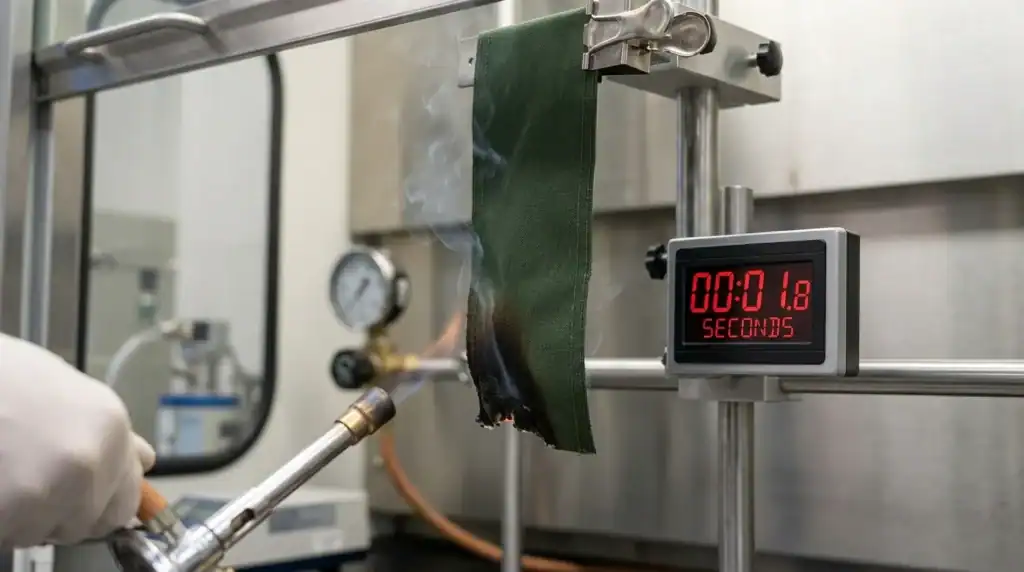 Green camping fabric being tested for flame resistance using a handheld torch, mounted on a metal stand with digital timer showing 1.8 seconds