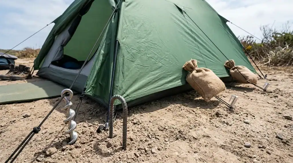 Outdoor camping tent on sandy terrain with stakes and sandbags.