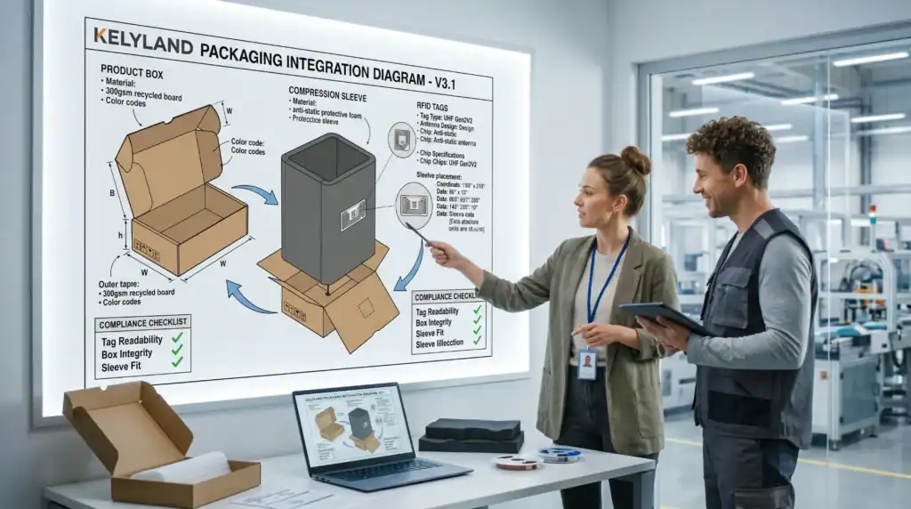 Two Kelyland Outdoors employees discuss a packaging integration diagram showing product box, compression sleeve, and RFID tag placement in a bright factory setting