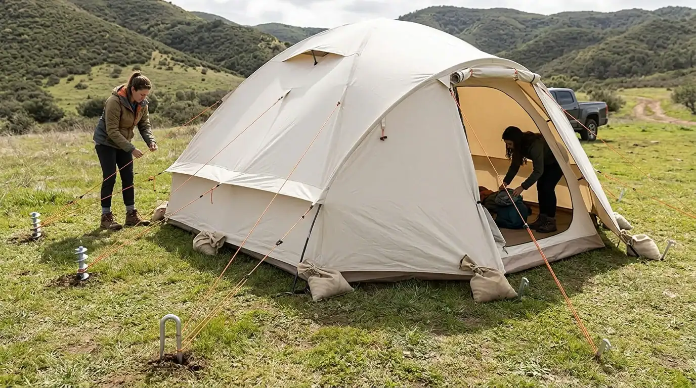 Camping tent in scenic outdoor landscape with two people setting up.