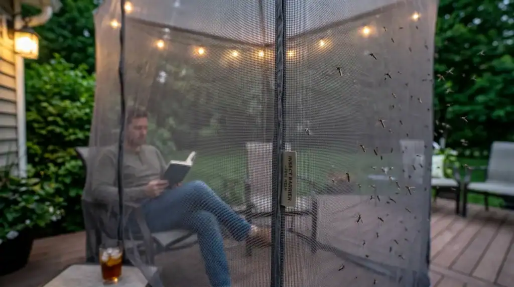 A man sits on a patio chair reading a book behind a fine mesh insect barrier with mosquitoes trapped outside, surrounded by outdoor furniture and soft string lights