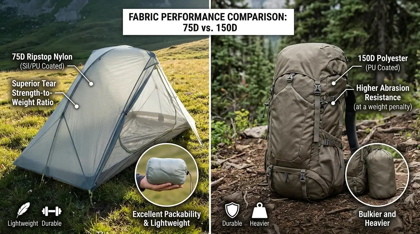 Comparação de nylon leve 75D e poliéster pesado 150D ao ar livre.
