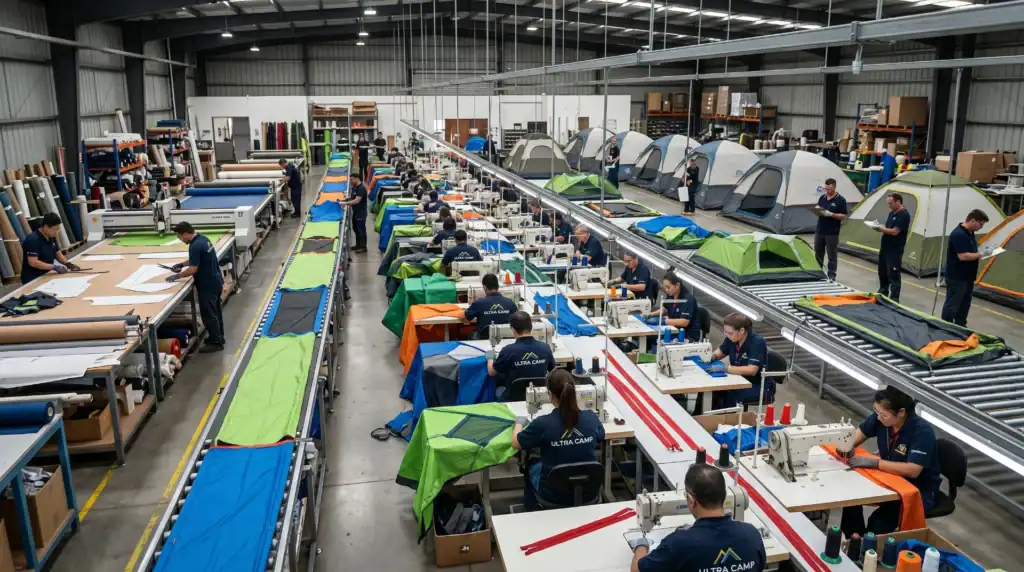 Workers in a large factory sewing and assembling colorful camping tents with materials, patterns, and completed tents in a well-organized workshop