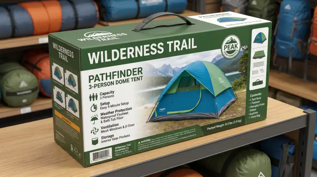 Packaging for Wilderness Trail Pathfinder 3-person dome tent with details on capacity, setup, weather protection, and contents.