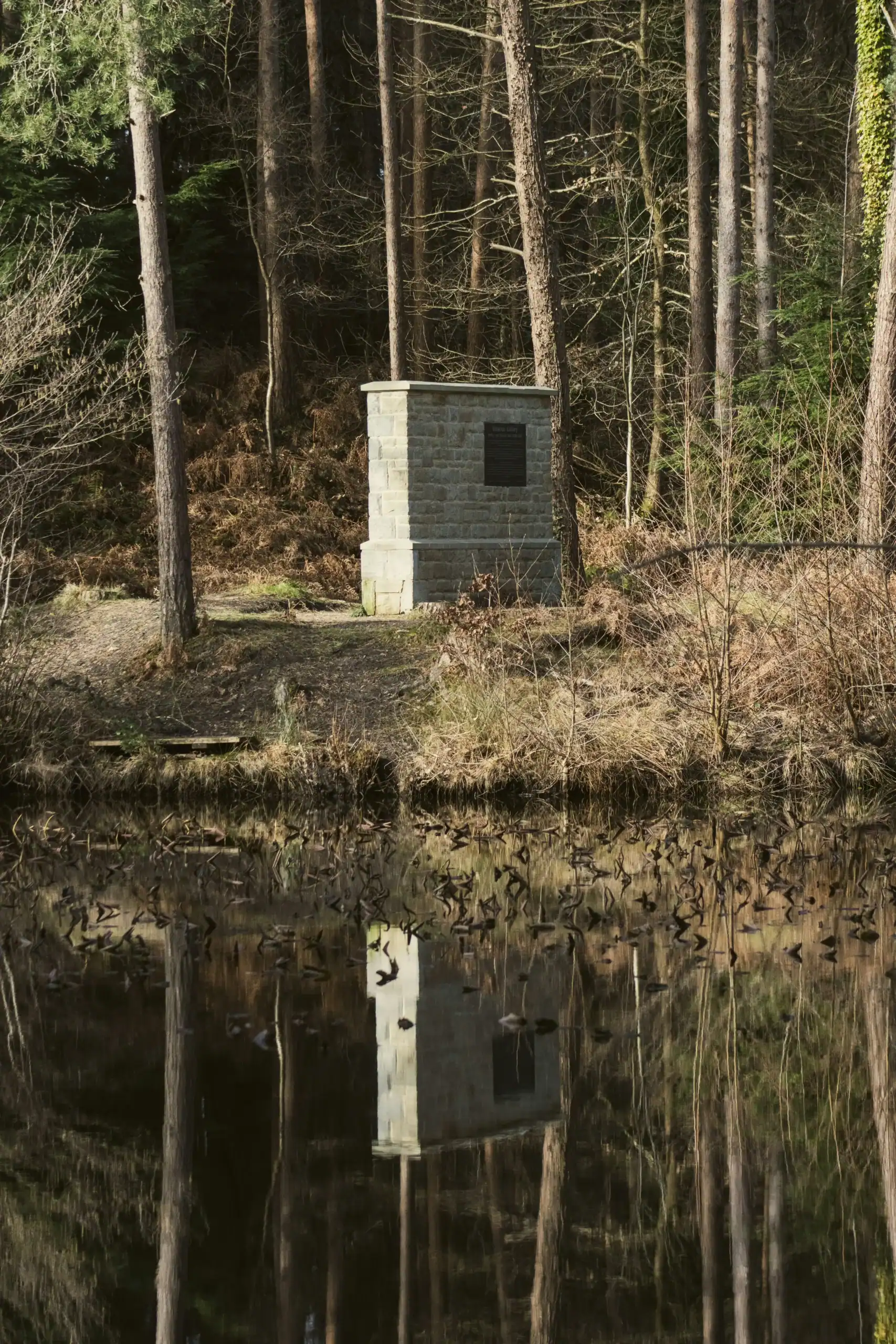 Outdoor nature scene with a small stone structure beside a calm lake reflecting surrounding trees.