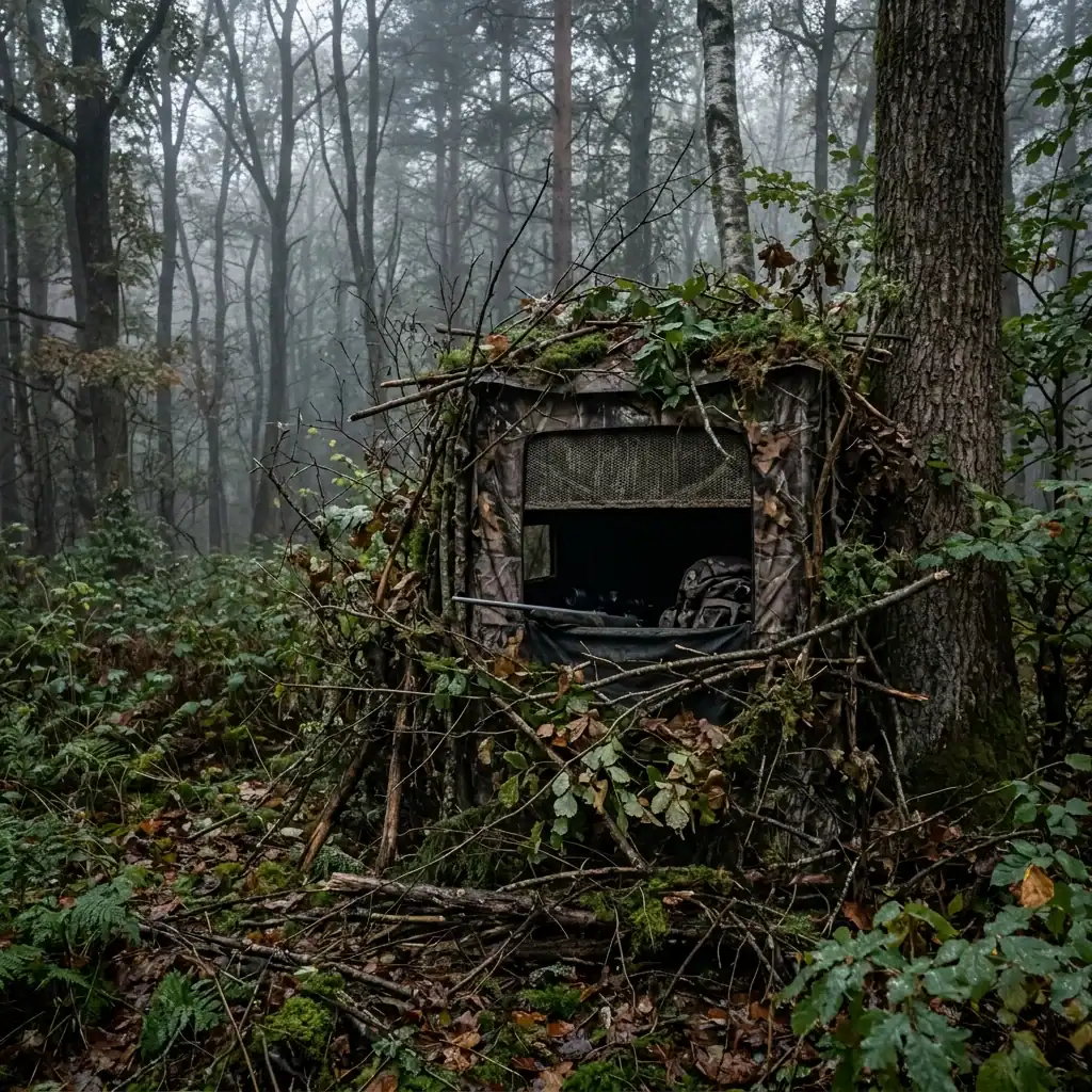 Camouflage hunting blind partly concealed with branches and leaves in a misty forest, surrounded by dense vegetation.