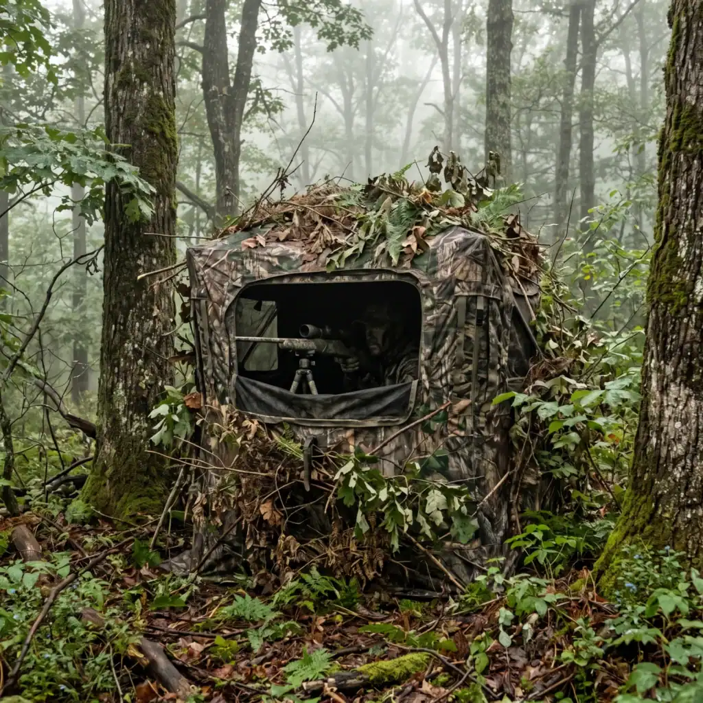 Hunting Blind Hub Failure Fix: OEM Spec Upgrade Guide 1 A camouflage hunting blind set up in a dense forest, blending with foliage, with a person using binoculars or a scope inside.