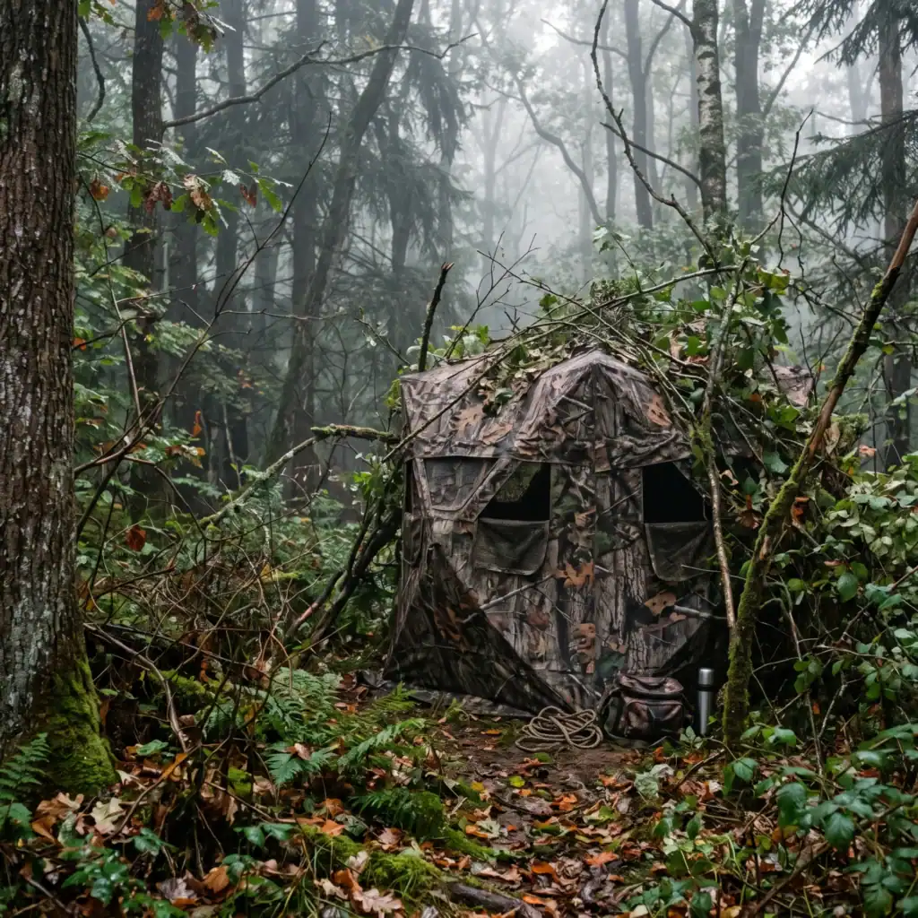 Hunting Blind Hub Failure Fix: OEM Spec Upgrade Guide 3 Camouflage tent set up amidst dense foliage in a misty forest, surrounded by lush greenery, fallen leaves, and camping gear.