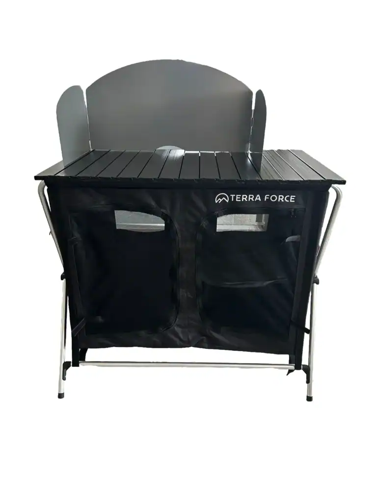 Portable outdoor camping table with storage and foldable design.