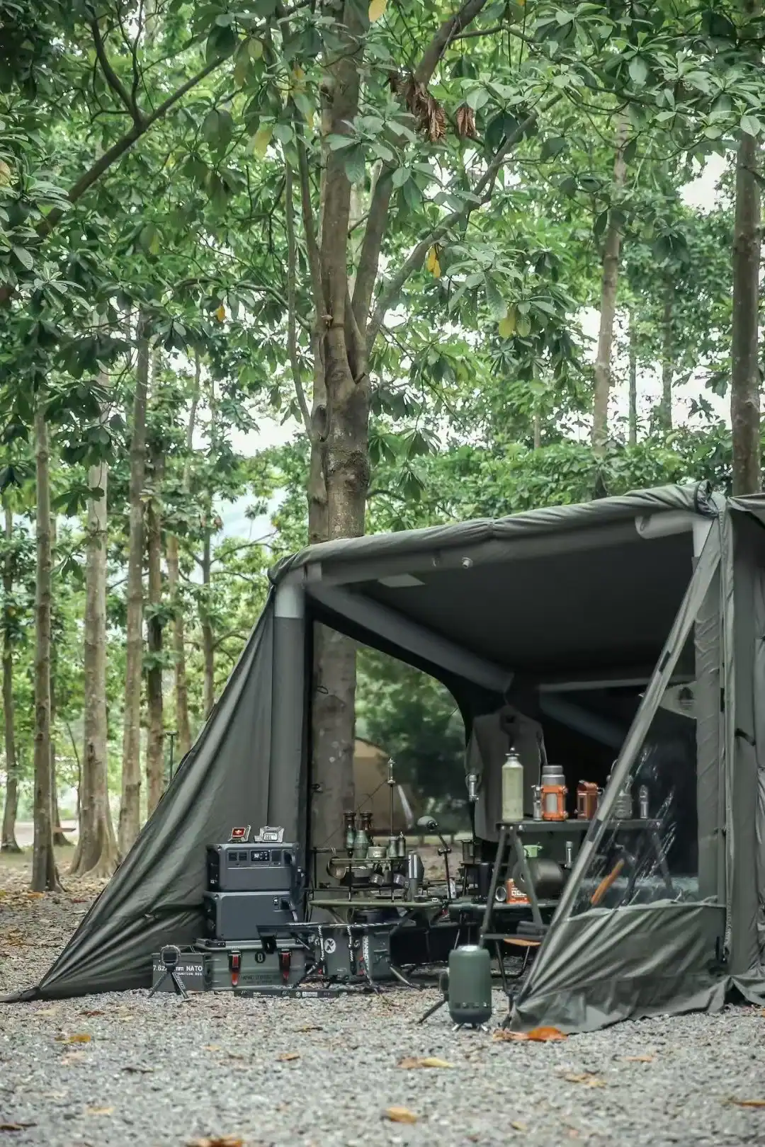 Campamento al aire libre con una tienda de campaña y equipo de cocina en un bosque.