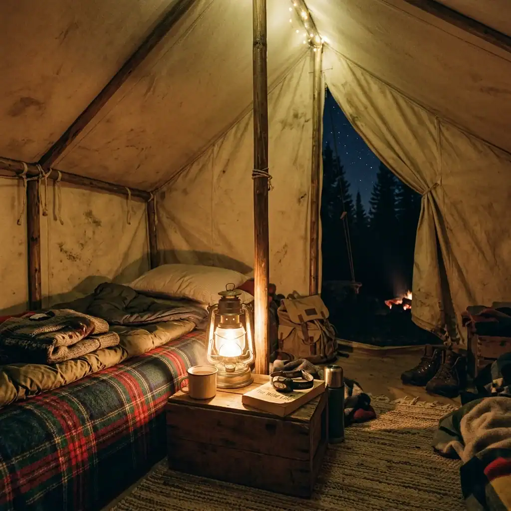 Interior de una tienda de campaña cálidamente iluminada con una linterna rústica sobre una caja de madera, una cama con mantas a cuadros y equipamiento de camping; al exterior se ve una fogata.