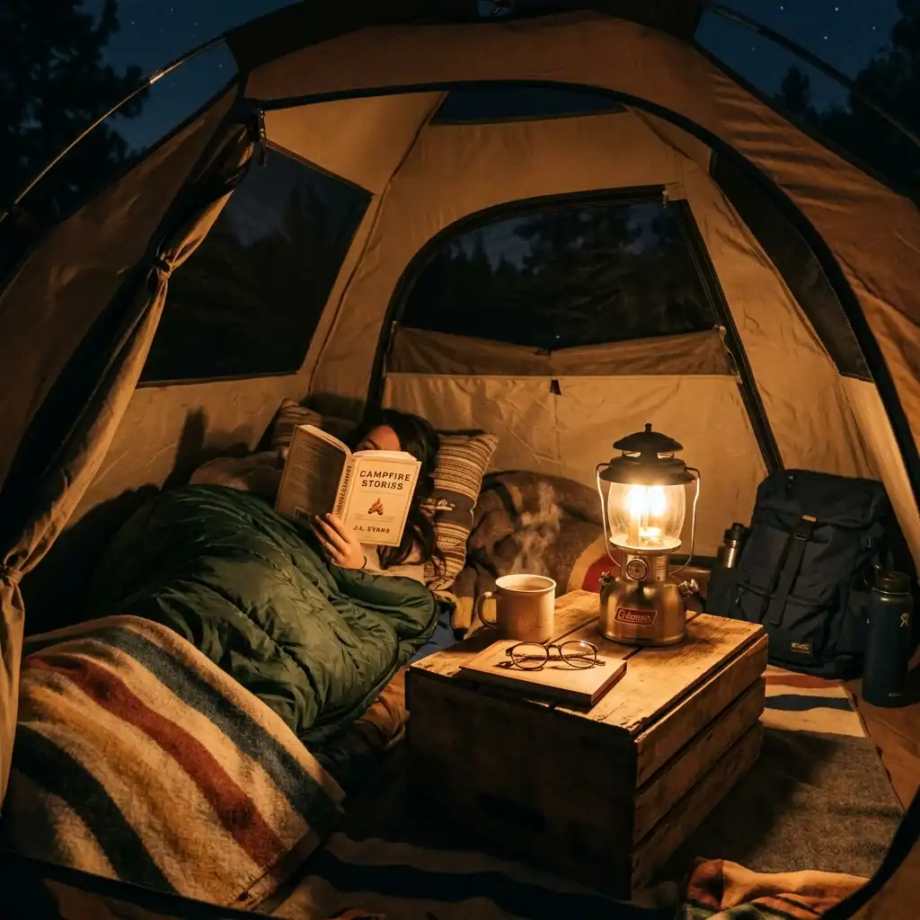 LED vs COB vs Laser Camping Lights: ROI Comparison for Brands 1 Interior of a camping tent at night with a person in a sleeping bag reading, a lit lantern, and a small wooden crate table holding a cup, glasses, and a book.