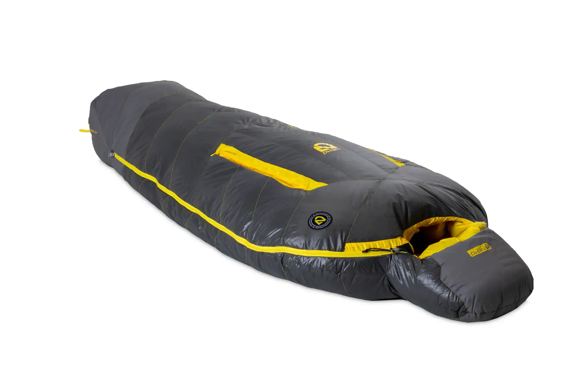Schwarzer und gelber Schlafsack für Outdoor-Camping- und Wanderabgenturen.