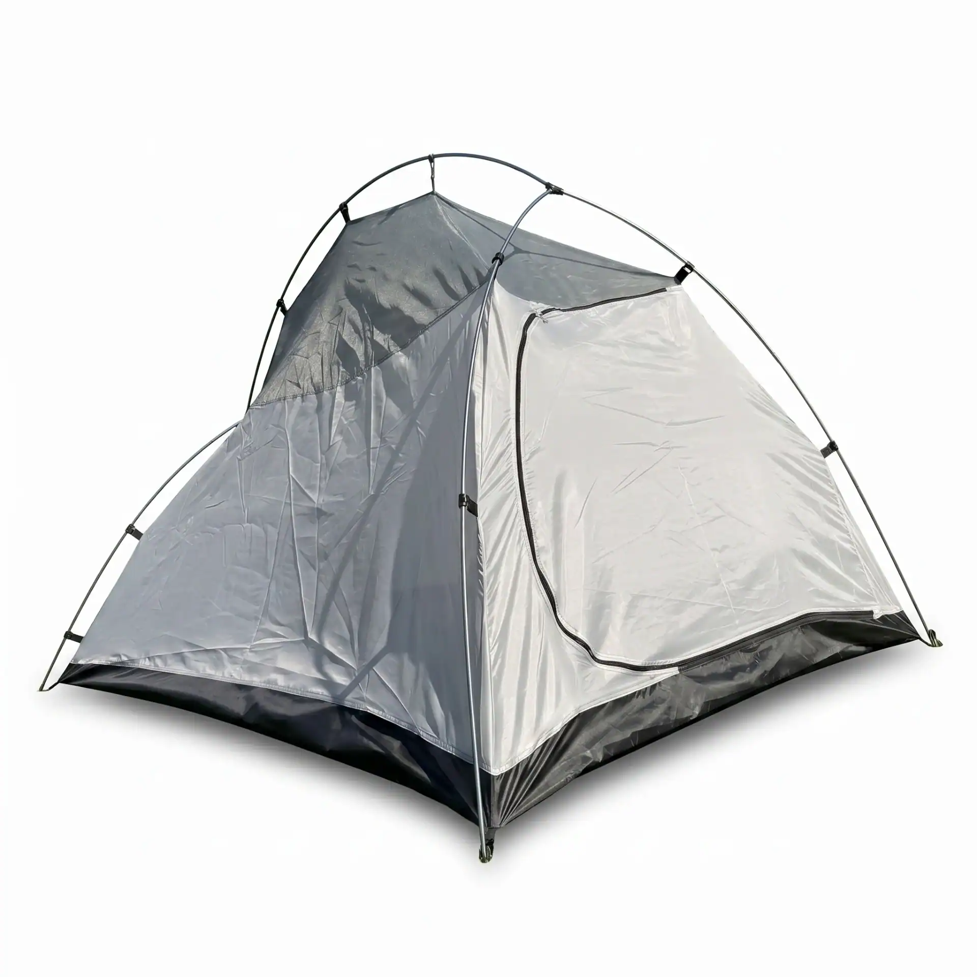 A lightweight, freestanding dome-style camping tent with a grey and black design, featuring durable poles and a zippered entrance.