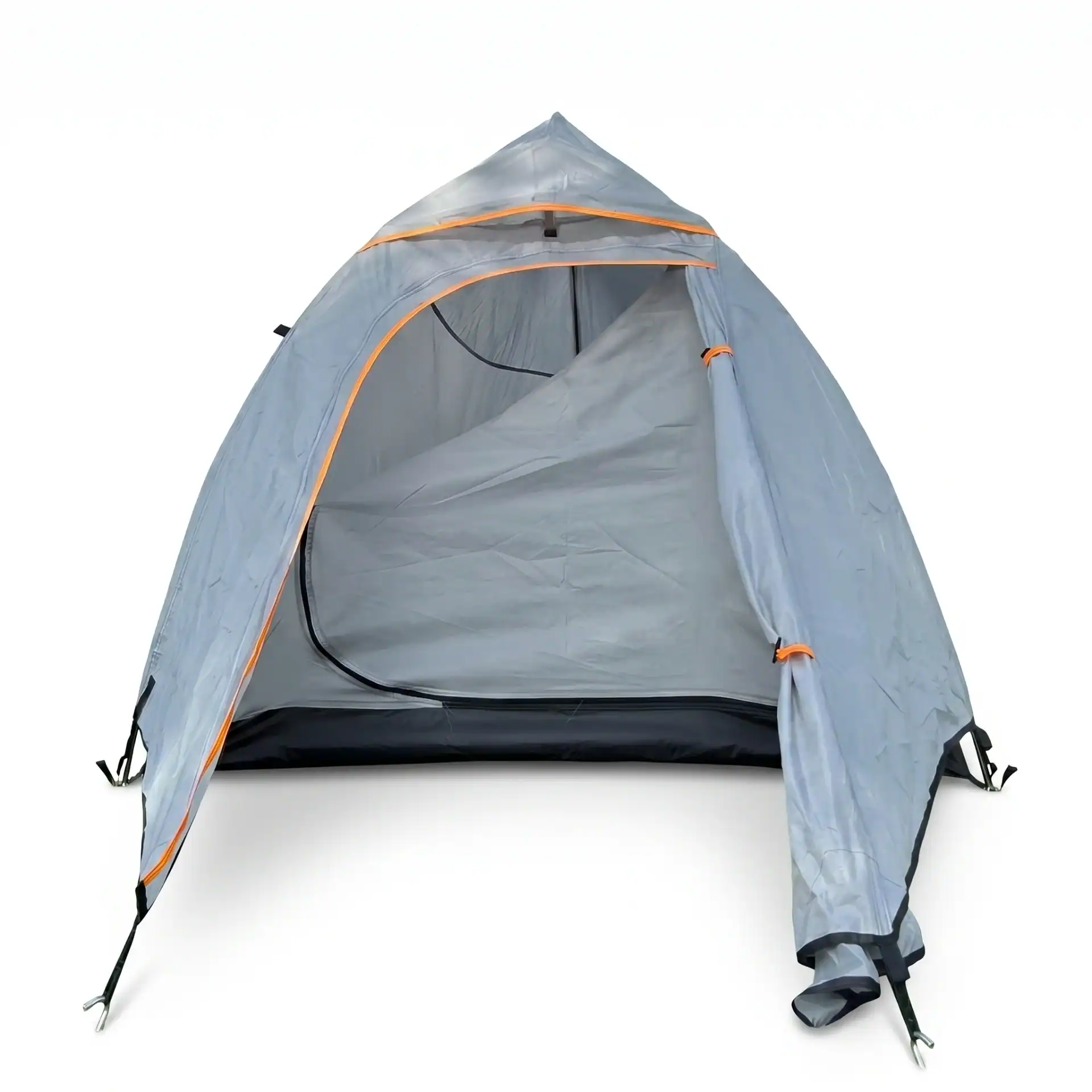 Inflatable Tent Valve Repair: Stop Cracks From Deflation 17 Portable gray camping tent with an open entrance, orange accents, and visible interior, showcasing outdoor gear functionality.