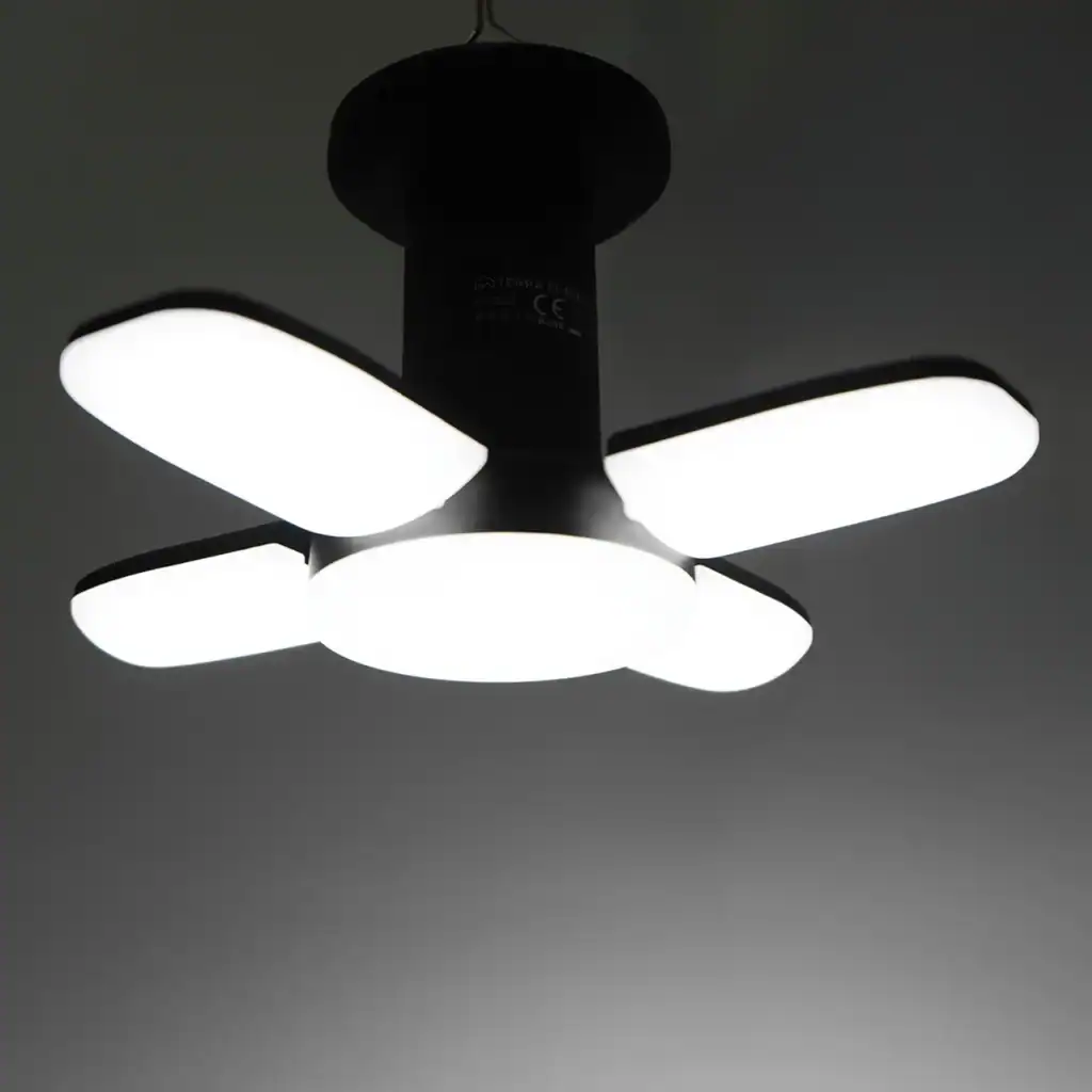 Camping Lights Buyers Guide: Types, Lumens, Battery Life & Certifications 9 Modern ceiling fan with integrated LED lights in a minimalist design.