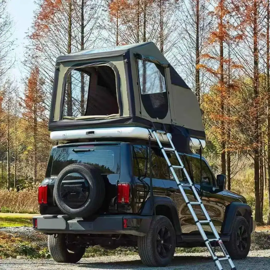 Inflatable Camping Tents Wholesale: 2026 Sourcing & QC Guide 5 Black SUV with rooftop tent and ladder in forest setting.