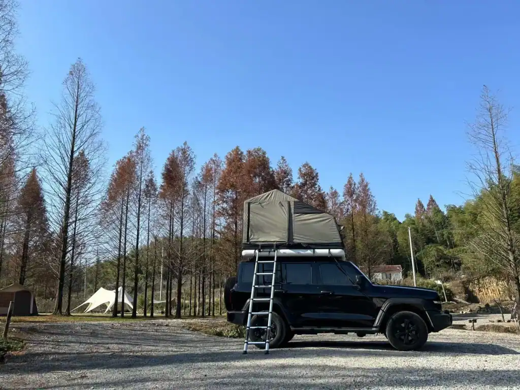 Black off-road vehicle with rooftop tent and ladder in a forested outdoor setting.